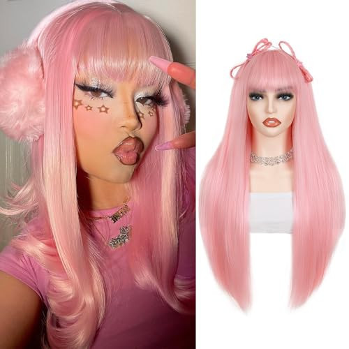 WIGER Long Pink Wigs with Bangs Straight Light Pink Hair Wig for Women - Long Bangs wig Full Colorful Cosplay Wig for Women Synthetic Mermaid Hair for Daily or Costumes | Amazon (US)