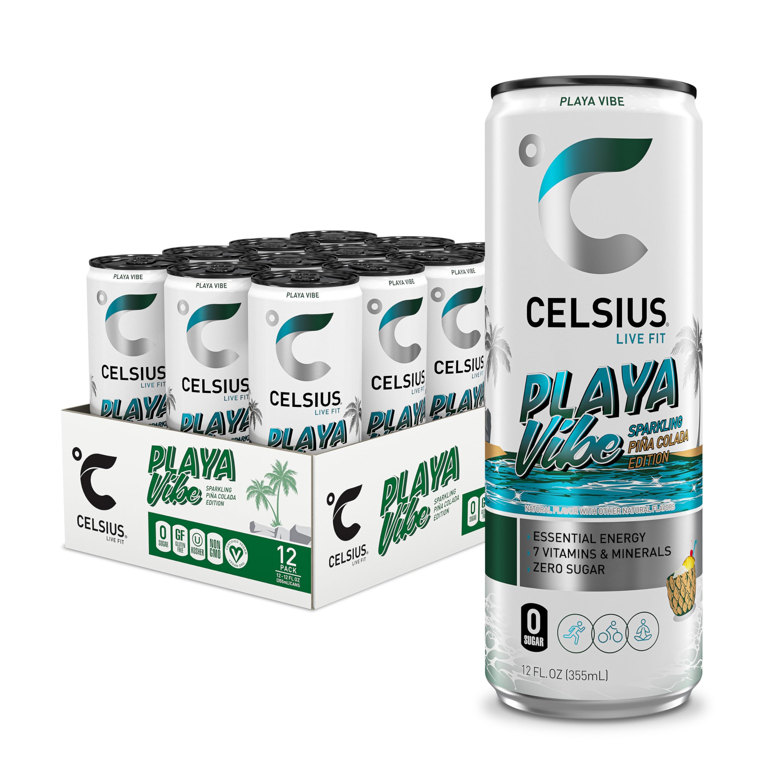 CELSIUS PLAYA VIBE Sparkling Pina Colada, Sugar Free Energy Drink, 12 Fl Oz (Pack of 12) | Amazon (US)