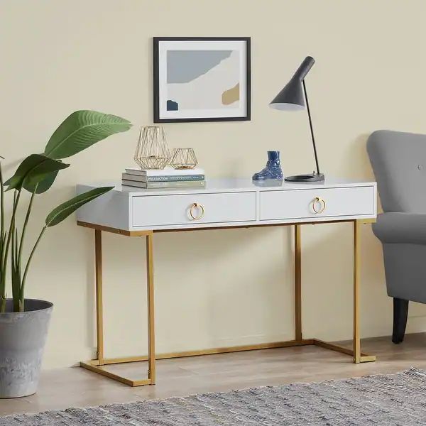 BELLEZE 2-Drawer Computer Desk Table, Wood & Metal, White & Gold - standard - White | Bed Bath & Beyond