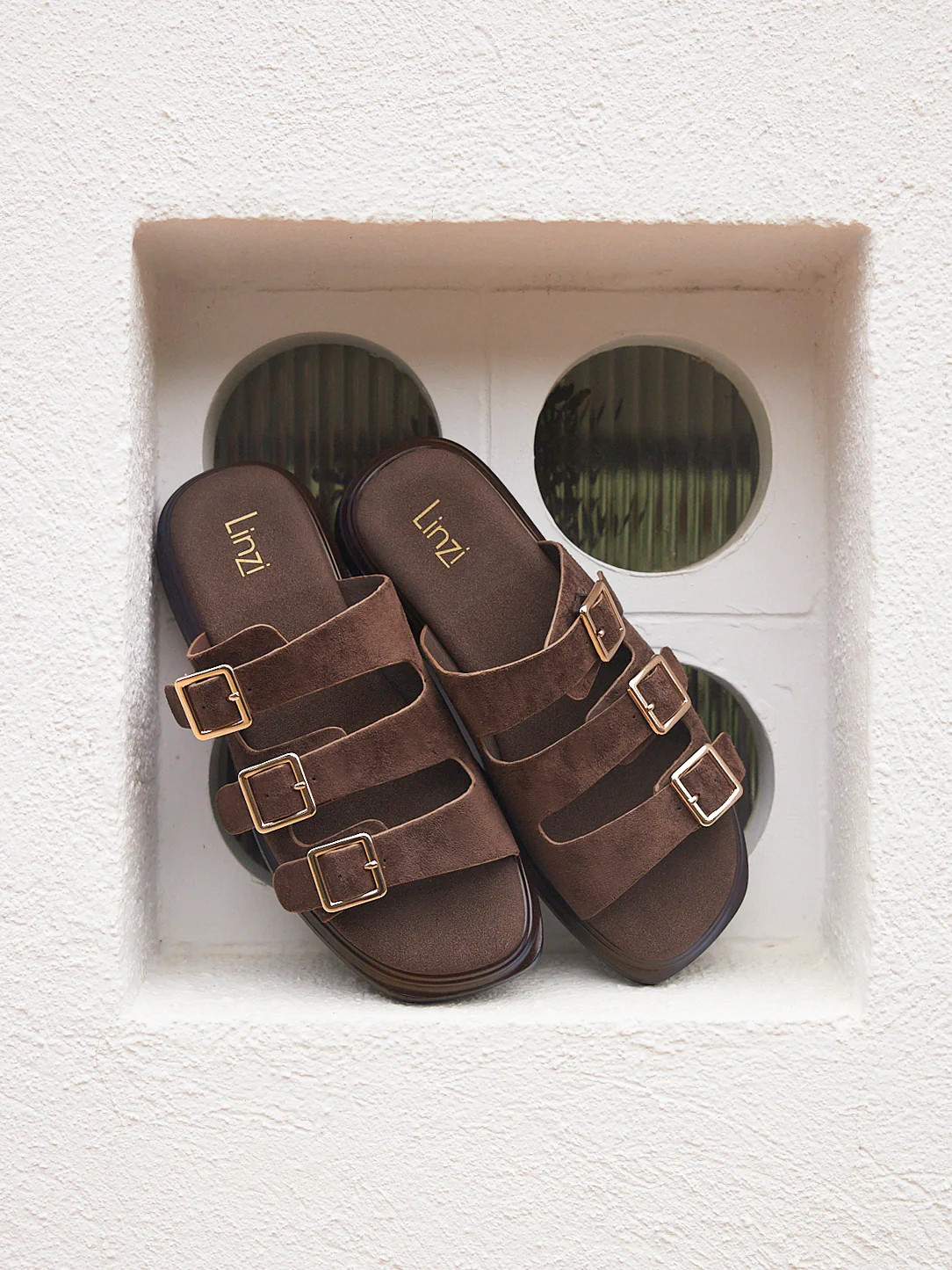 Satellite Brown Faux Suede Flat Sandals | Linzi Shoes