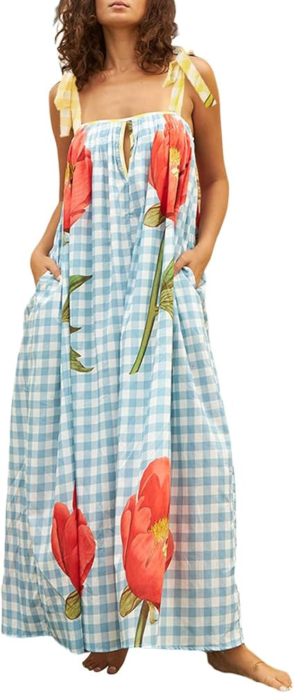 Women Summer Spaghetti Strap Maxi Dresses Striped Checkerboard Boho Long Dress Flowy A Line Beach... | Amazon (US)
