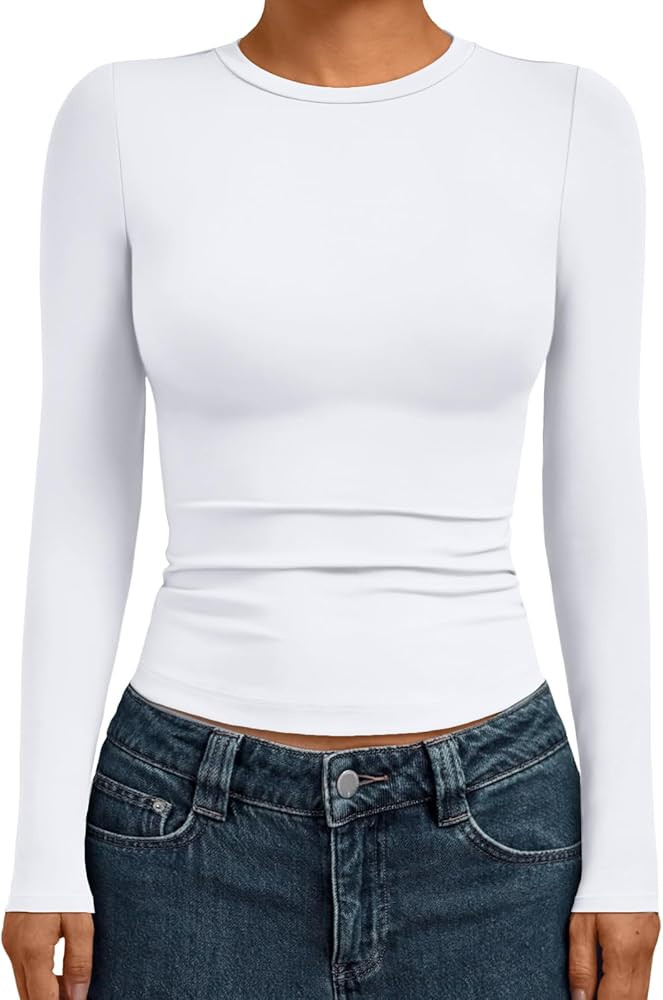 AUTOMET Womens Long Sleeve Shirts Basic Compression Tops Slim Fit Crew Neck Layering Underscrubs ... | Amazon (US)