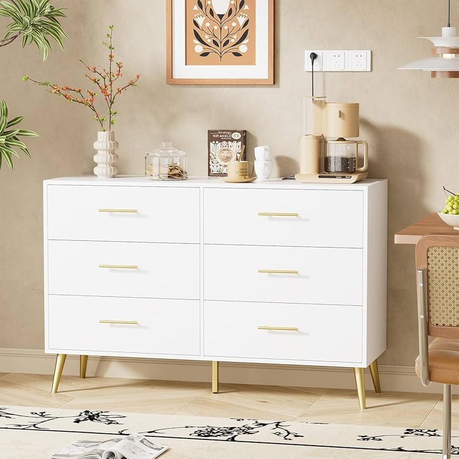 White Dresser for Bedroom, 6 Drawer Chest with Wide Drawers and Gold Metal Handles | Amazon (US)