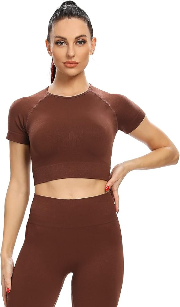 2 Piece Short Sleeve Outfits for Women Seamless Crop Tops Set for Women Workout Set | Amazon (US)