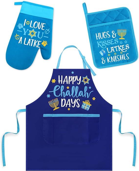 Hanukkah Baking Apron Oven Mitts Potholder Chanukah Kitchen Accessories Set of 3 - Fun Hanukkah C... | Amazon (US)