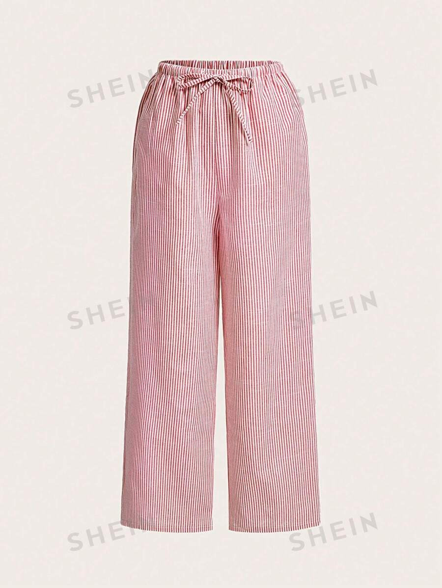 SHEIN EZwear Women's Striped Print Drawstring Straight Pants | SHEIN