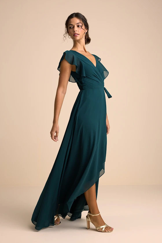Ravishing Charm Emerald Ruffled Wrap High-Low Maxi Dress | Lulus