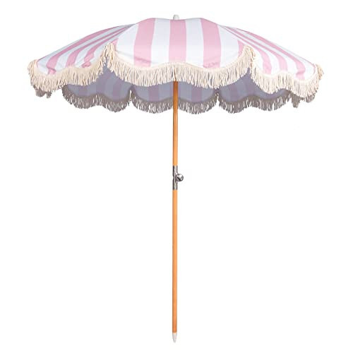 Funsite 6.5ft Boho Beach Umbrella with Fringe, UPF 50+ Tassel Umbrellas with Carry Bag, Premium Wood Pole Foldable Patio Umbrella for Outdoor Holiday Garden Lawn Pool Yard Table, Pink Stripe | Amazon (US)
