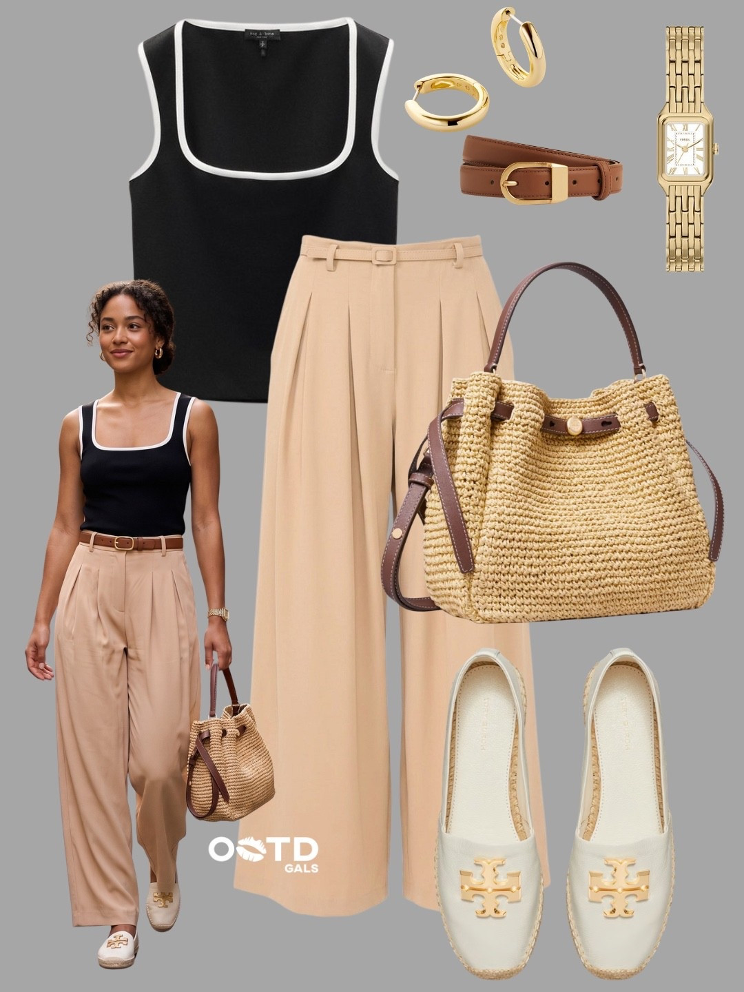 Black, beige, and woven textures create the perfect effortless chic summer look 🖤✨

This outfit feels elevated, minimal, and timeless while still staying comfortable enough for everyday wear.

✨ Style Details:
• Black contrast-trim tank top with a sleek modern silhouette  
• Beige pleated wide-leg trousers for an elegant relaxed fit  
• Woven straw handbag with brown leather details adding texture and warmth  
• Cream espadrille loafers for a polished yet comfortable finish  
• Gold jewelry and watch tying the whole neutral palette together beautifully  

The mix of clean lines, soft neutrals, and natural textures gives this look that understated luxury feel ☀️

#LTKstyletip #LTKsummer #LTKeurope