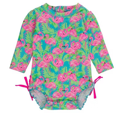 RuffleButts Baby Girls Tropical Long Sleeve UPF50+ One Piece Rash Guard - Neon Flamingo Fun, 0-3m | Target
