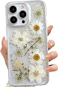 for iPhone 14 Pro Max Clear Case with Pressed Real Flowers Design,Glitter Cute White Floral Patte... | Amazon (US)