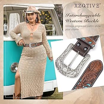 XZQTIVE Women Men Genuine Leather Belt Vintage Ladies Western Belt Engraved Tooled Leather Belt C... | Amazon (US)