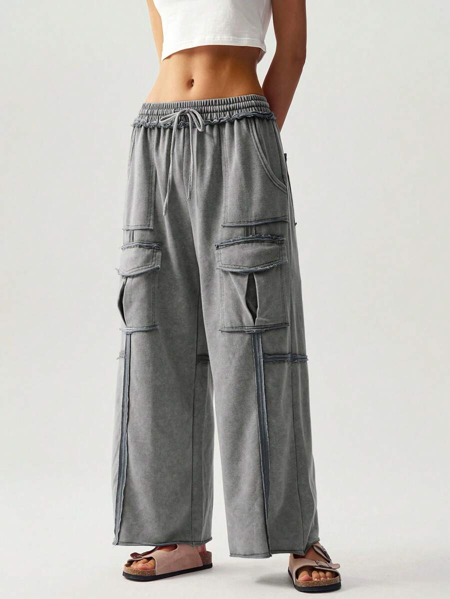 Bohemela Vacation Casual Solid Color Knitted Pleated Pocket Palazzo Pants For Women | SHEIN