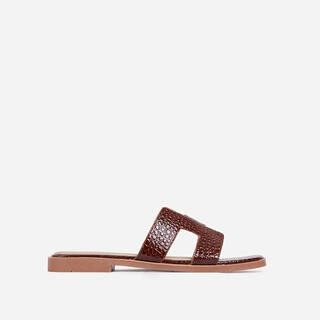 Addison Caged Flat Slider Sandal In Brown Croc Print Patent | EGO Shoes (US & Canada)