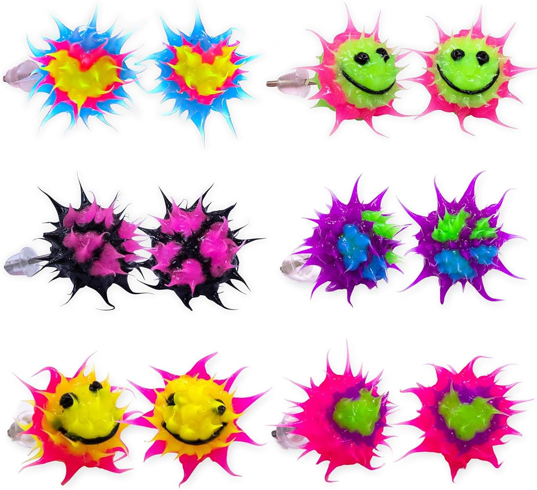 6 Spike Earrings for Women - Silicone Stud Earrings Set, Kawaii Smiley Face Earring Pack for Adul... | Amazon (US)