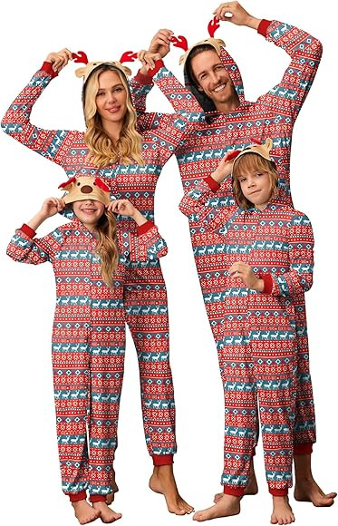 Ekouaer Christmas Onesie Matching Family Elk Antler Hooded Zipper One Piece Long Sleeve Pajamas w... | Amazon (US)