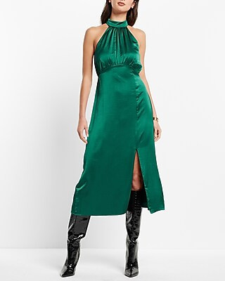 Satin Halter Neck Slit Midi Dress | Express