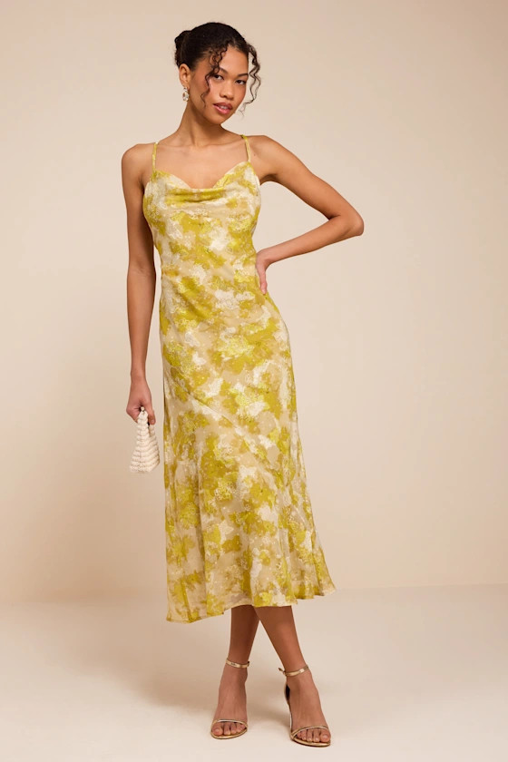 Neida Yellow Floral Burnout Cowl Neck Midi Dress | Lulus