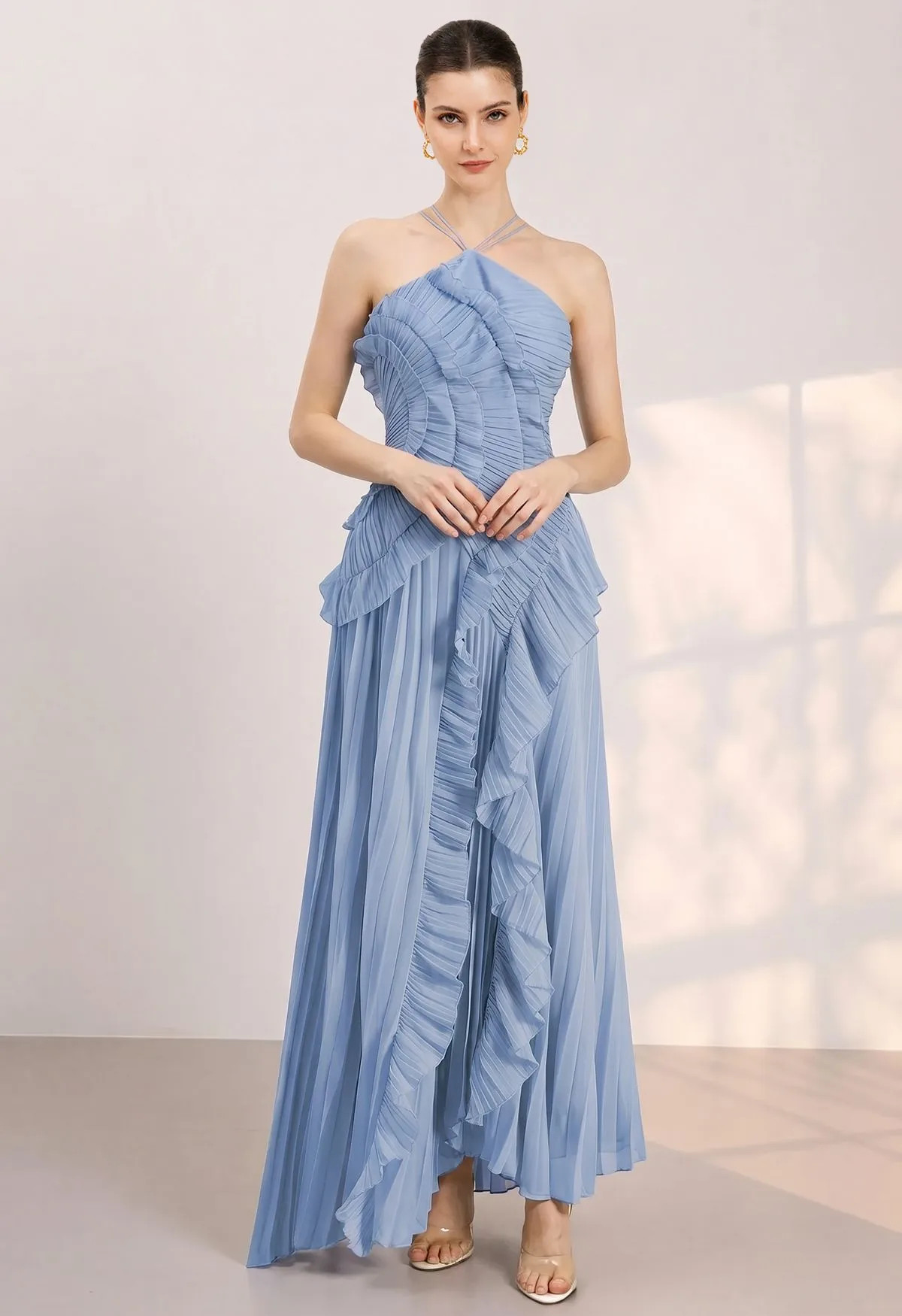 Asymmetrical Ruffle Halter Tie-Neck Pleated Maxi Dress in Blue for Anniversary Dinner & Art Openi... | Chicwish