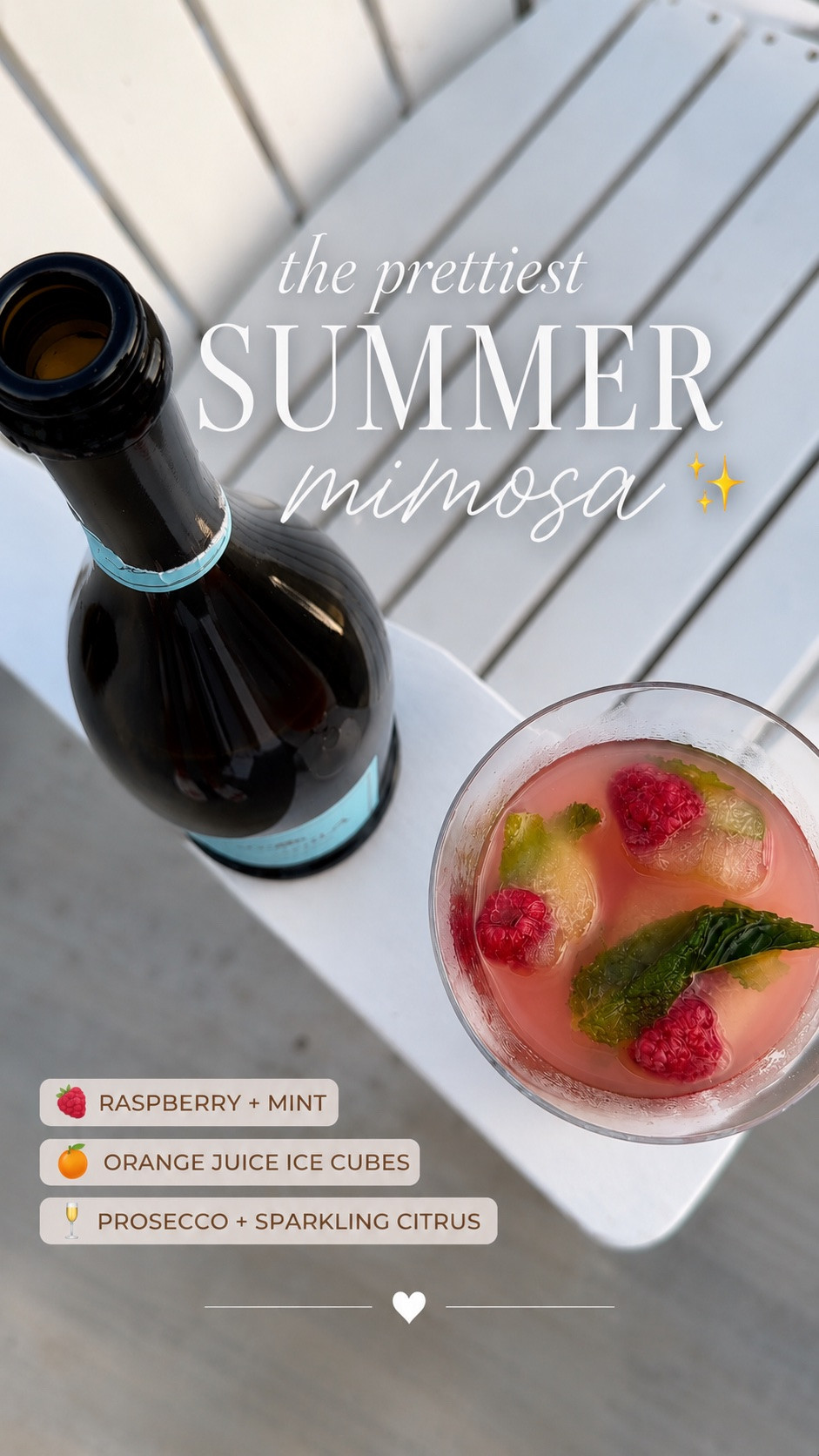 The prettiest summer mimosa. 🍓🥂✨

Raspberry + mint orange juice ice cubes slowly melting into bubbly prosecco and sparkling citrus for the perfect summer brunch drink. 🤍

And because no prosecco should go to waste… this little champagne topper at the end is one of my new favorite hosting hacks. 🥂

RECIPE:
🍓 Raspberry Mint Ice Cubes
• Fresh raspberries
• Fresh mint leaves
• Orange juice

Fill an ice cube tray with raspberries + mint leaves, then pour orange juice over the top and freeze until solid.

🥂 For the drink
• Prosecco (I used LaMarca)
• Sparkling citrus drink or blood orange soda
(I used Sparkling Ice Cherry Limeade!)

Add the ice cubes to a glass, fill about 3/4 full with chilled prosecco, then top with sparkling citrus. Serve immediately and let the cubes slowly melt into the drink. ✨

Save this one for your next summer brunch or patio night. 🤎

#summerbrunch #hostingathome #prettydrinks 
#summerpatio #easyentertaining

#LTKfoodie #LTKHome #LTKvlog