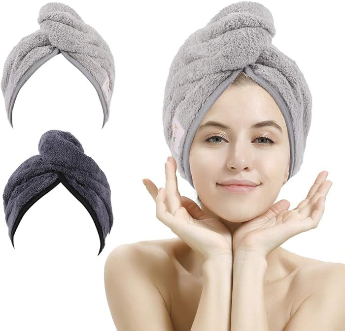 2 Pack Hair Drying Towels, Anti-frizz Hair Towel Wrap, Absorbent Microfiber Hair Towel Turban wit... | Amazon (US)
