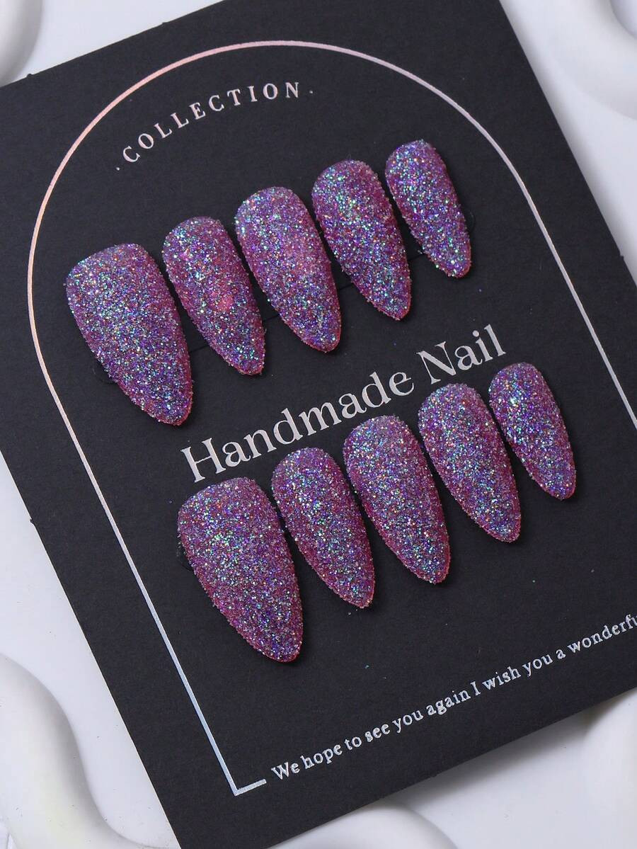 Handmade Almond Shaped Nail Stickers In Purple Y2K Style & Hand Painted Glitter Gradient Design N... | SHEIN