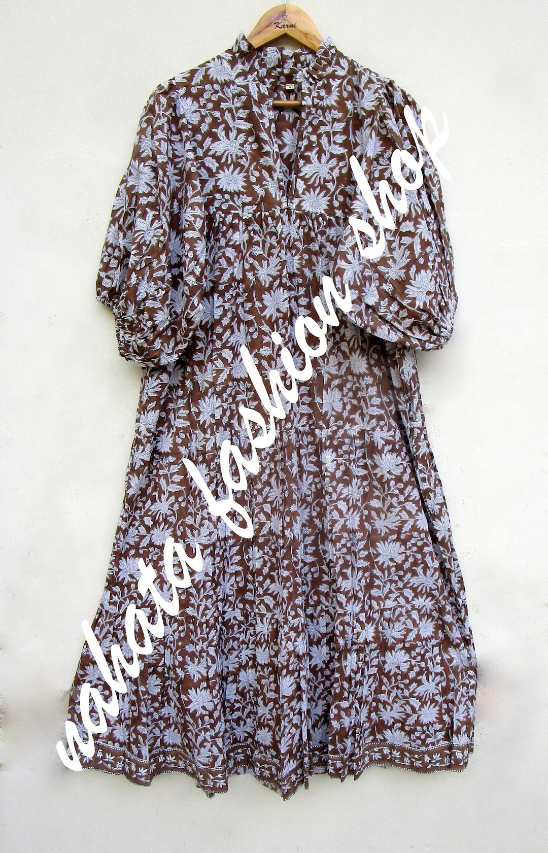 Brown Floral Printed Cotton Long Maxi Dress V Neckline Boho Maxi Dress 3/4th Sleeve Maxi Dress - ... | Etsy (US)