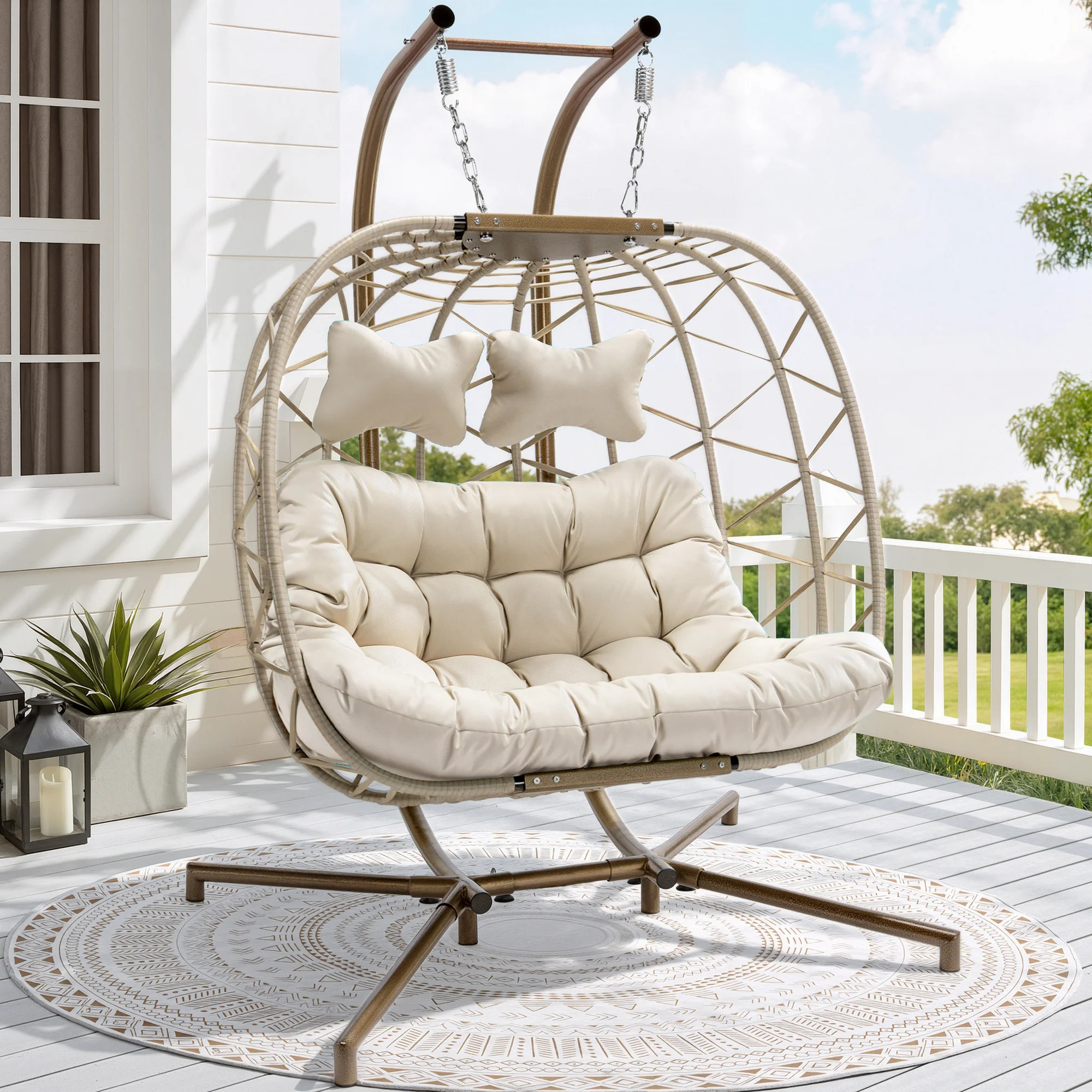 Celyne 2 Person Outdoor/Indoor Porch Swings with Stand Double Hanging Egg Chair with Cozy Cushion | Wayfair North America