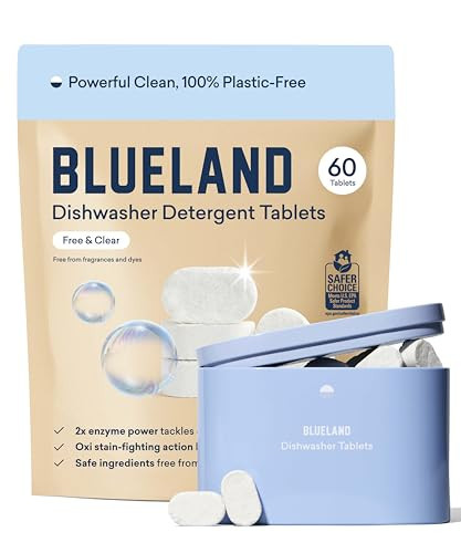 BLUELAND 100% Plastic-Free Dishwasher Detergent Tablets, Starter Set, 60 Count with tin, Free & Clear, Eco-Friendly Dishwashing Pods, Natural, USDA Certified biobased | Amazon (US)