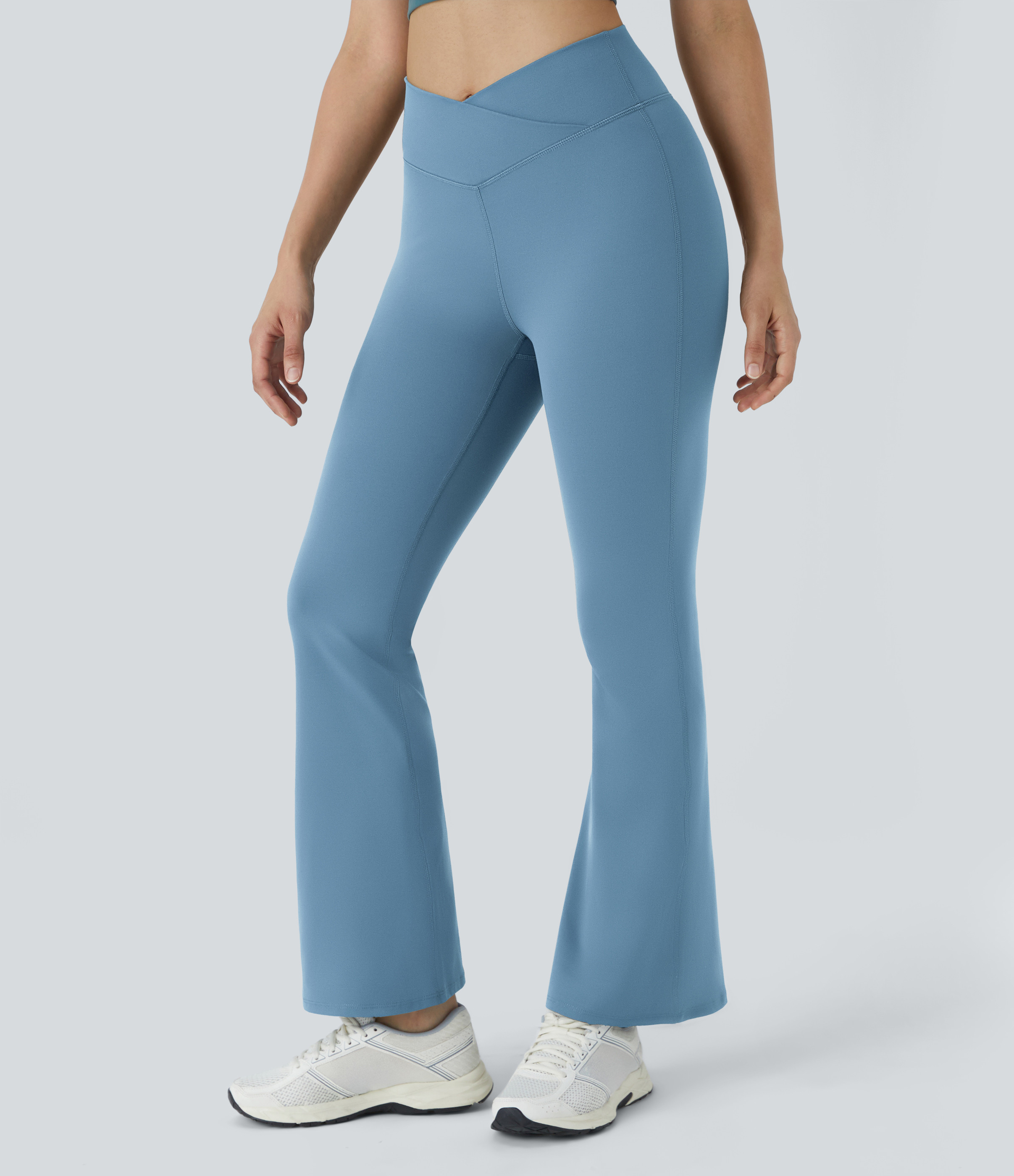 Halara High Waisted Crossover Flare Yoga Leggings - Light Azure - XL(regular) gym leggings leggings with pockets leggings with butt lift | HALARA