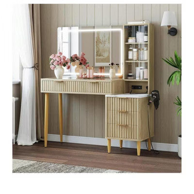 Khaki Fluted Wooden Makeup Vanity Desk - With LED Lights & Power Outlet - 5 Drawers & Adjustable Shelves - Modern Glass Top for Bedroom | Target
