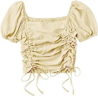 SheIn Women's Short Puff Sleeve Square Neck Crop Top Shirred Drawstring Blouse | Amazon (US)