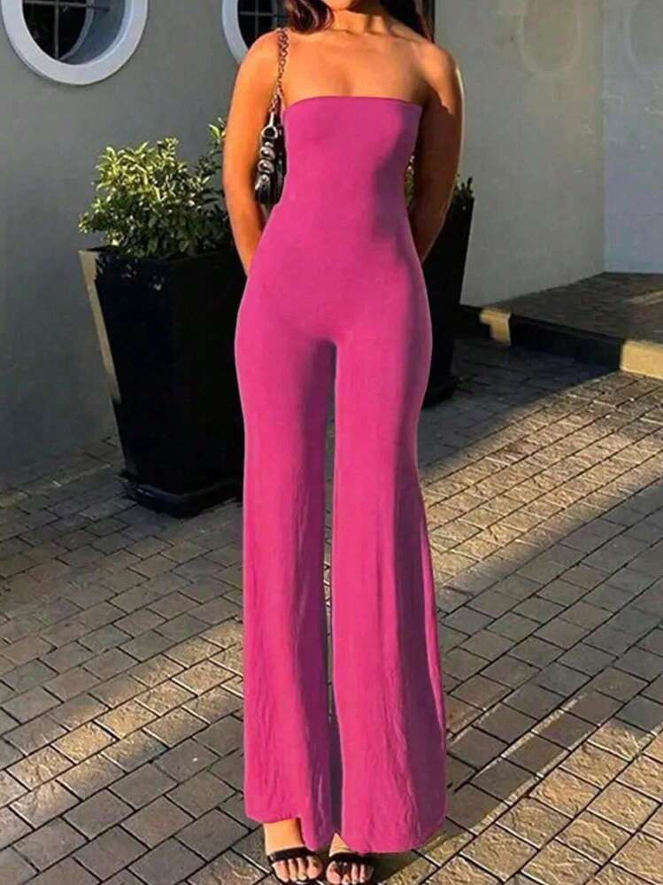 Summer Women's Solid Color Strapless Wide Leg Jumpsuit | SHEIN