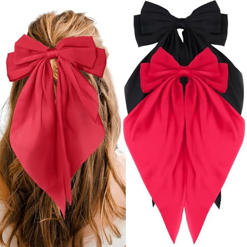 Red Hair Bow Black Hair Bow, 2PCS Big Bows for Girls Hair Bow Clips, Red Bow for Hair Black Bow for Hair Clips, Satin Hair Bows with Long Tail Alligator Clips, Coquette Bows Accessories | Amazon (US)