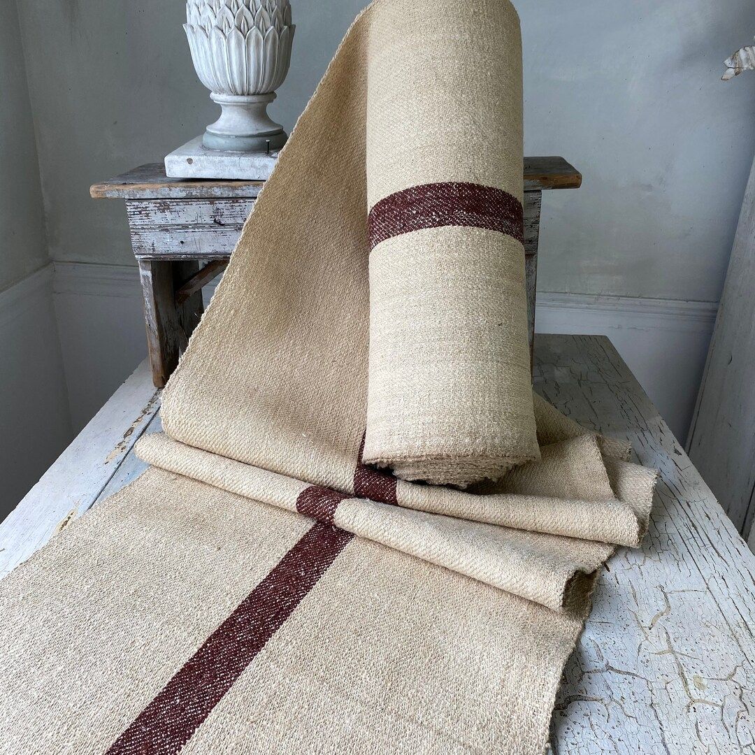 Stair runner heavy hemp Grain sack Fabric by the yard Burgundy Brown stripes twill weave Antique ... | Etsy (US)