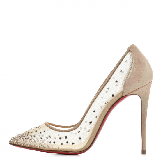 CHRISTIAN LOUBOUTIN Suede Silk Crystal Strass Follies 100 Pumps 38 Light Silk | Fashionphile