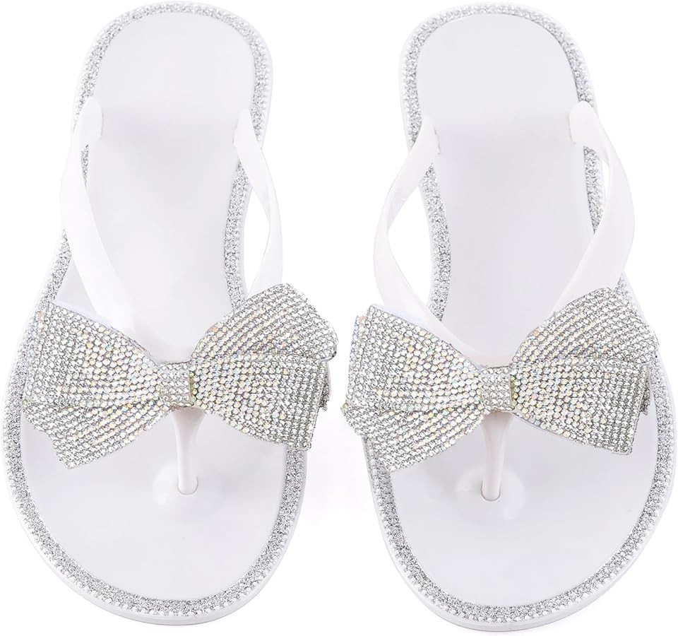 Mtzyoa Women Flip-Flops Flat Sandals Jelly Bow Beach Flat Rivets Rain Cute Dressy Summer Sandals | Amazon (US)