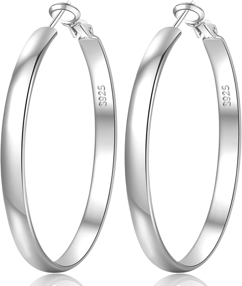 EXGOX 5mm Wide Gold Hoop Earrings for Women,Sterling Silver Hoop Earrings Large Silver Hoop Earri... | Amazon (US)