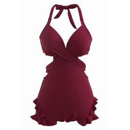 Halter Tied Ruffle Swimsuit with Mesh Kimono in Wine | Chicwish