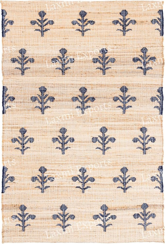 Natural Beige Cotton Kilim Rugs for Home & Kitchen, Blue Floral Pattern Turkish Handmade Carpet, ... | Amazon (US)