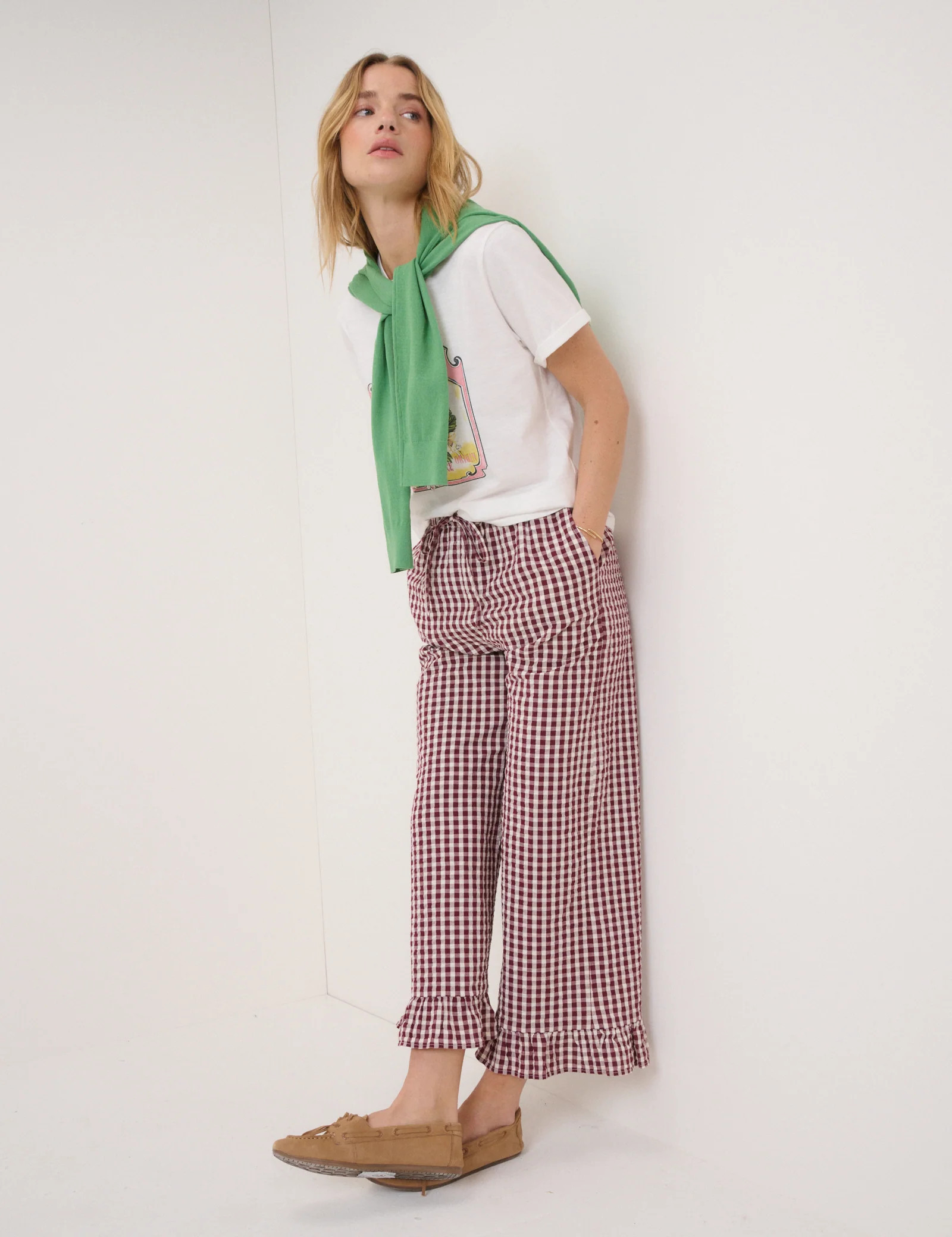 Burgundy Gingham Frill Hem Trousers | Nobody's Child