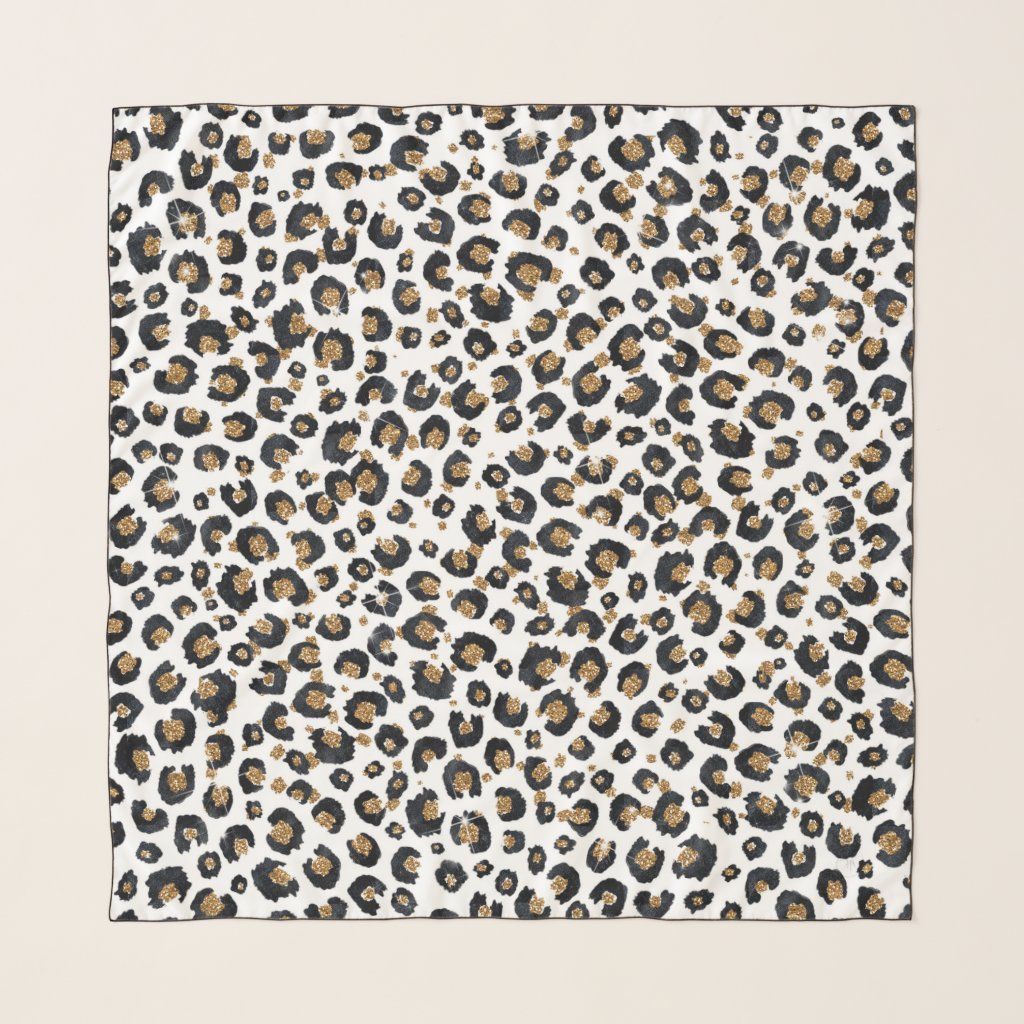 Elegant Gold Glitter Black Leopard Animal Print Scarf, Adult Unisex, Size: Medium Square, Sea Shell  | Zazzle