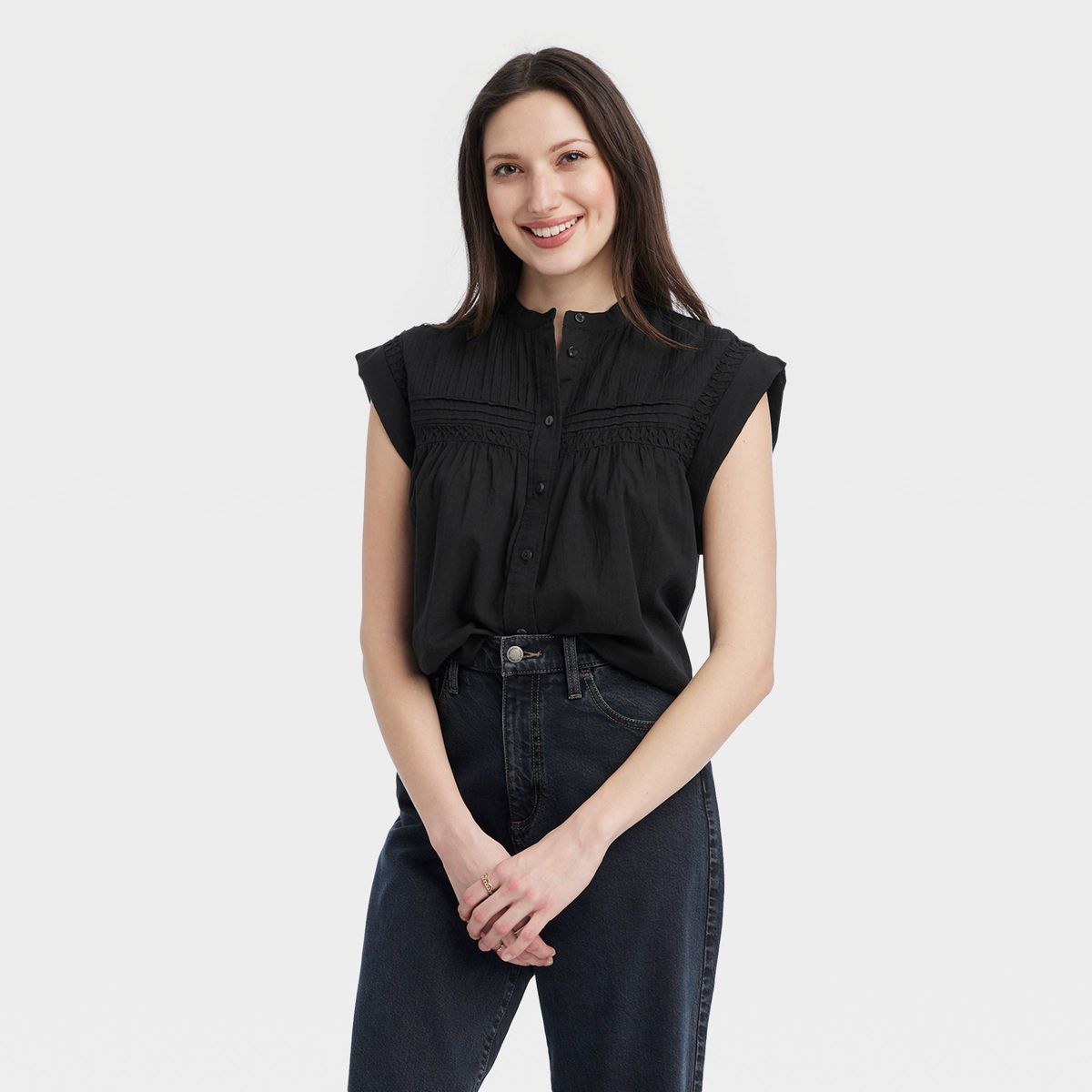 Women's Short Sleeve Pintuck Blouse - Universal Thread™ Black XS | Target