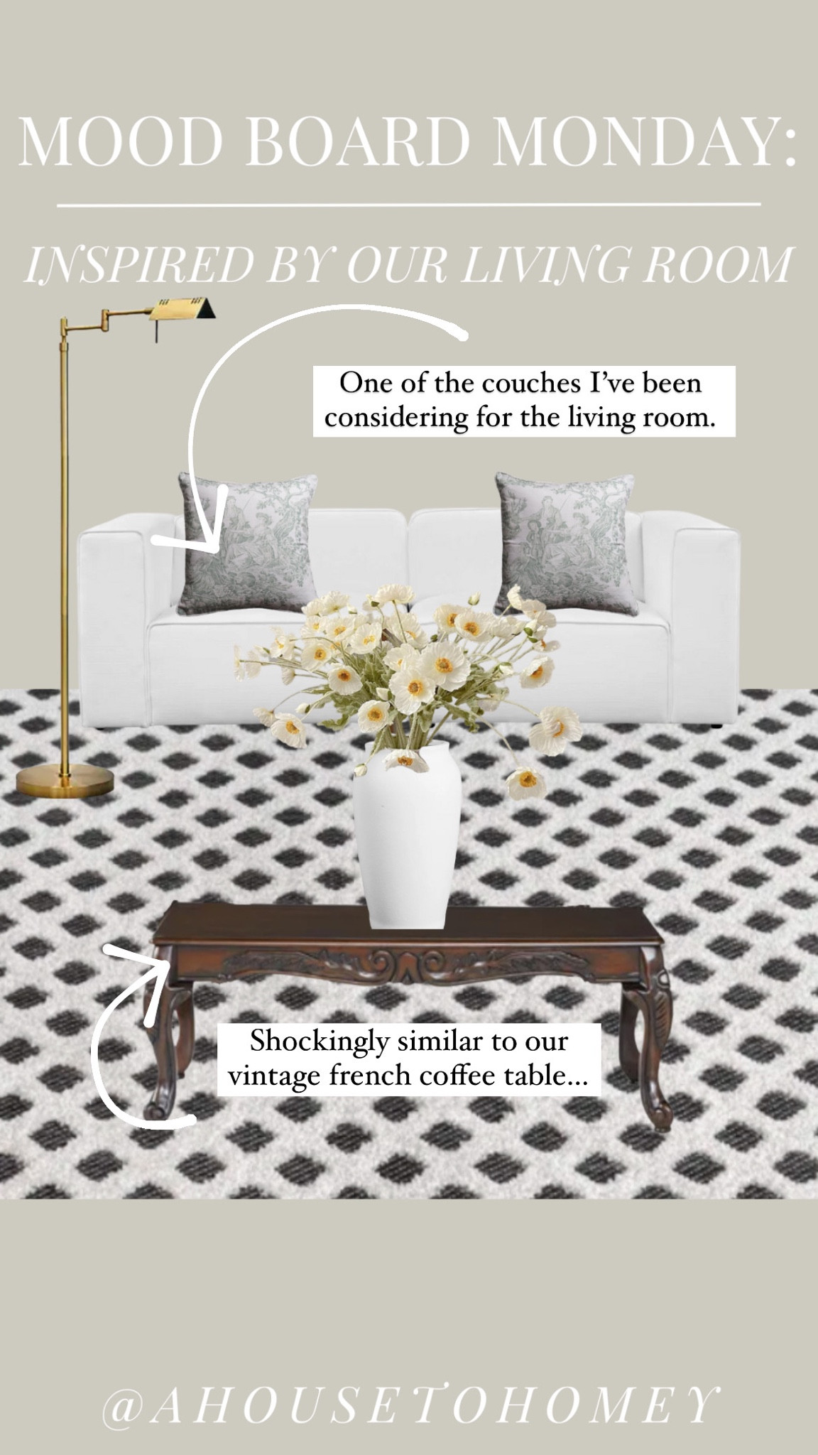 Moodboard Monday: Inspired by our living room! As you know, I’ve been in the process of slowly redoing our living room after some bad furniture purchases. This is one of the sofas I’m considering for the space.

P.S. everyone always asks where I bought our vintage French provincial coffee table (lucky fb marketplace find). This one from wayfair is one of the closest styles I’ve ever seen!

#LTKhome #LTKfindsunder50 #LTKfindsunder100