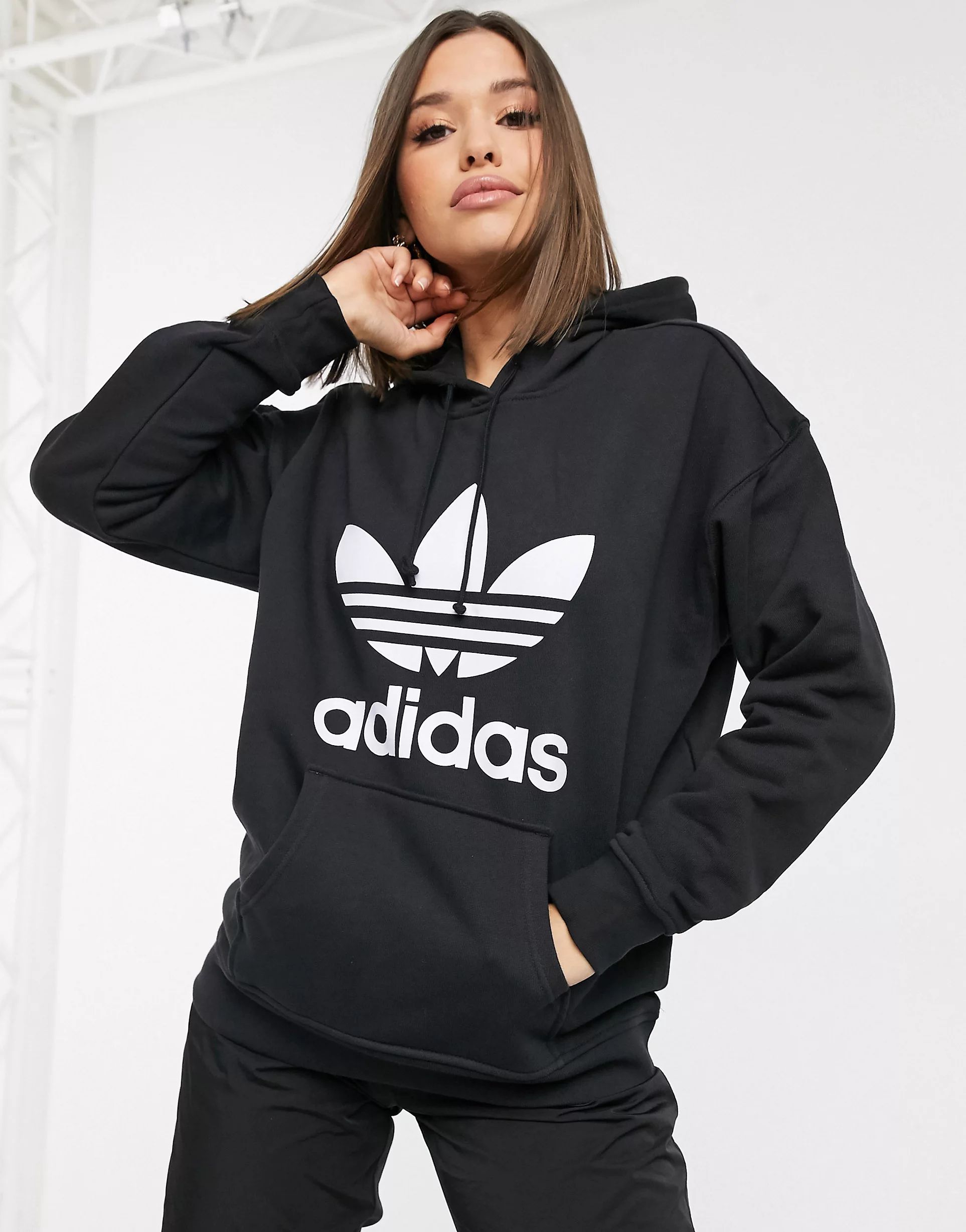 adidas Originals large Trefoil hoodie in black | ASOS (Global)