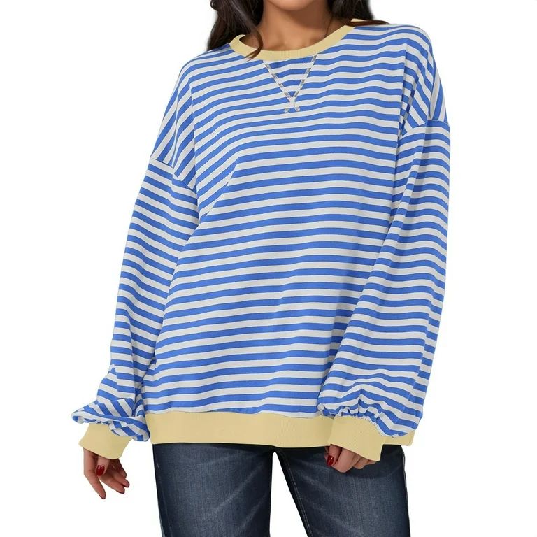 TQWQT Women Oversized Striped Color Block Sweatshirt Round Neck Drop Shoulder Long Sleeve Pullove... | Walmart (US)