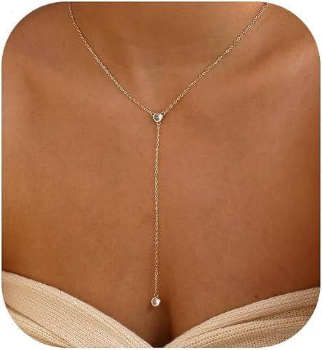 Gold Necklace for Women, Dainty Gold Long Necklaces 14k Gold Plated Prom Bar CZ Lariat Necklace S... | Amazon (US)
