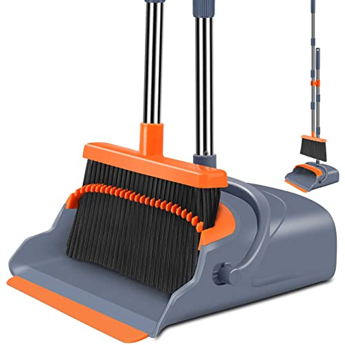 kelamayi Upgrade Broom and Dustpan Set, Self-Cleaning with Dustpan Teeth, Indoor&Outdoor Sweeping, Ideal for Dog Cat Pets Home Use, Stand Up Broom and Dustpan (Gray&Orange) | Amazon (US)