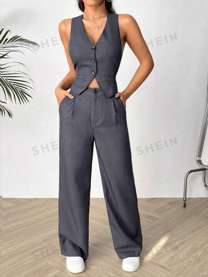 SHEIN Coolane Conjunto De Pantalón Y Chaleco Sin Mangas Cruzado Para Mujer | SHEIN