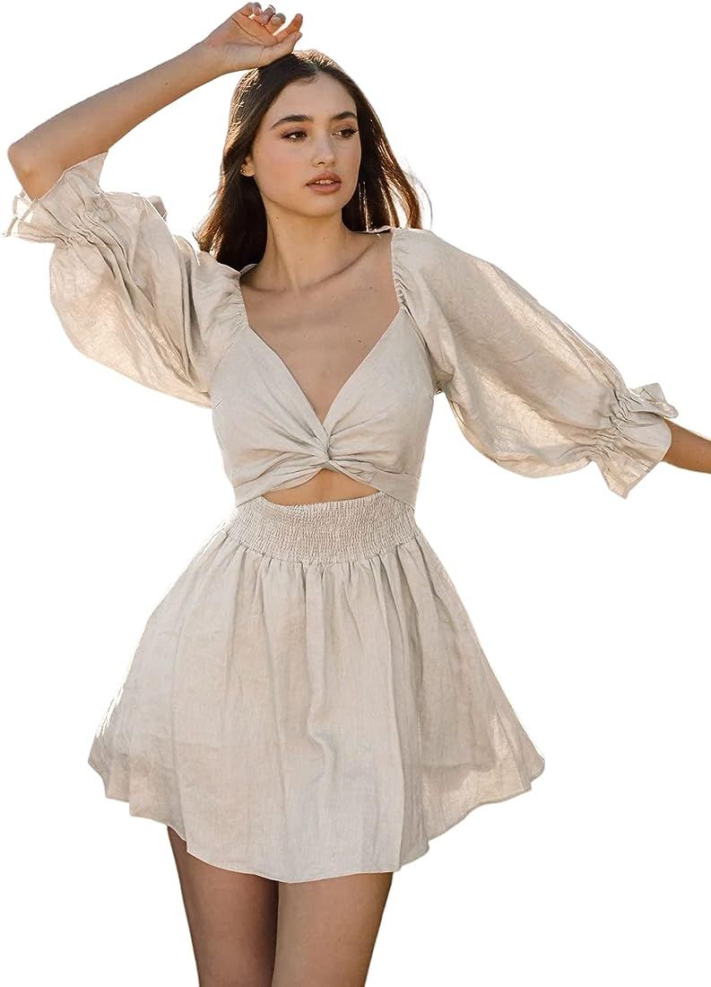ZAFUL 2023 Boho Maxi Dress for Women A Line Tie Waist Summer Dress Deep V Neck Smocked Wrap Dress | Amazon (US)